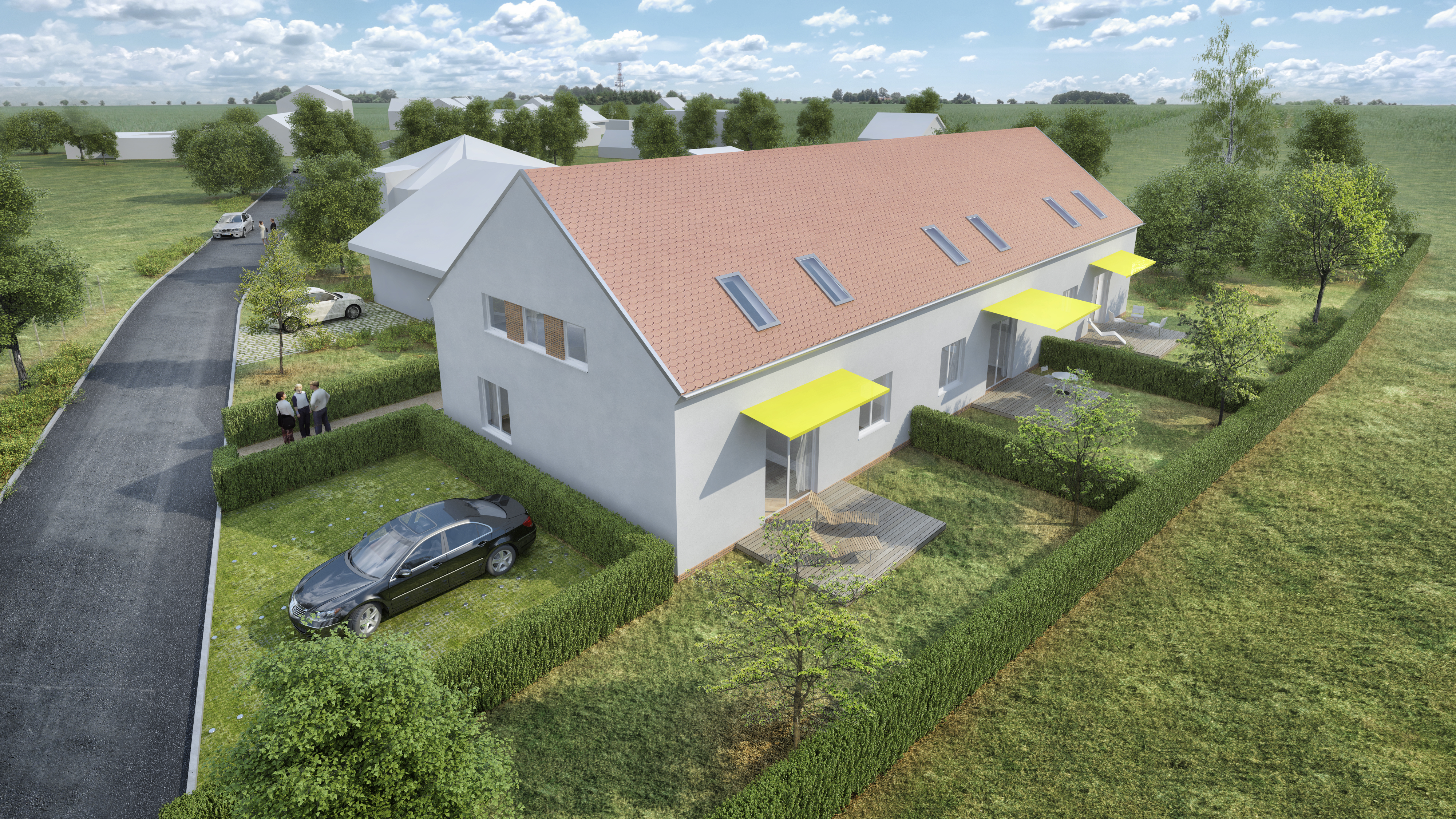 Prodej mezonetových velkometrážních bytů 6+kk se zahrádkou a parkovacím stáním v obci Uherčice, CP 234m²